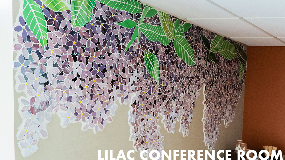 Mosaic of hanging lilic leaves and flowers