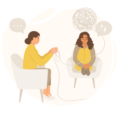Two Women sitting in arm chairs. One Women seems distressed and has a knotted yarn ball above her head representing stress. The other women is holding the end of the yarn and keeping it tidy representing support