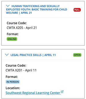 course registration information showing class status, format, and location options
